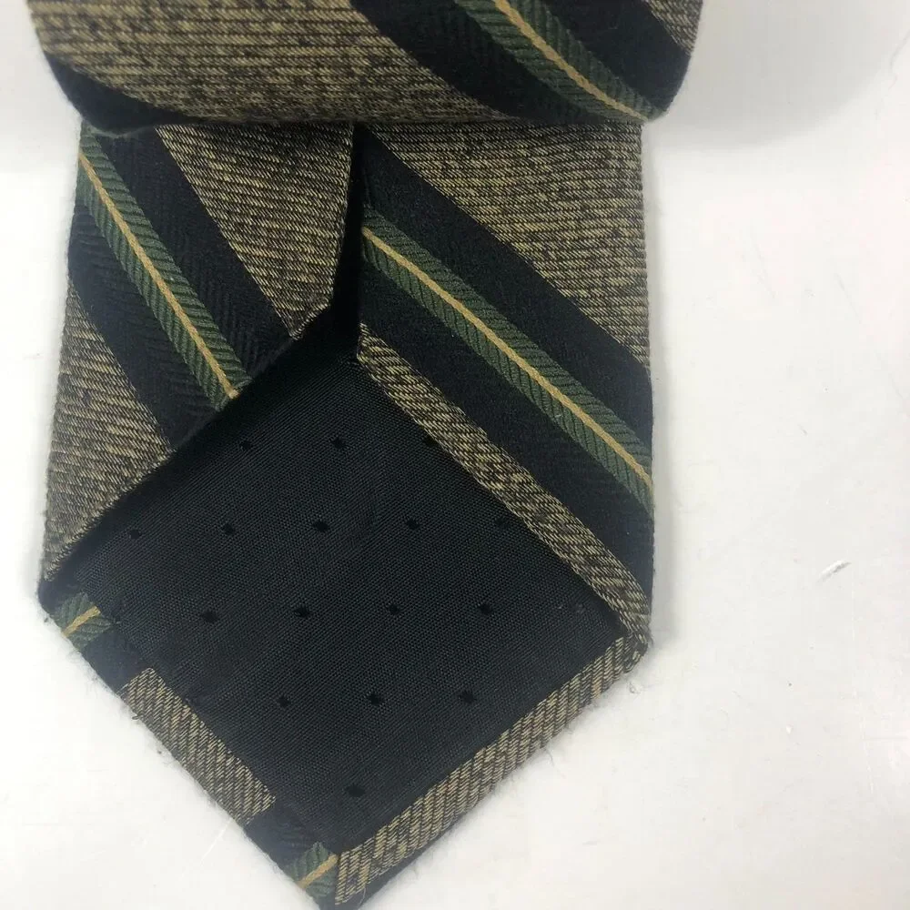 Sterling & Hunt Premier Edition Pure Silk Repp Tie Black Gold Green Stripes Ital